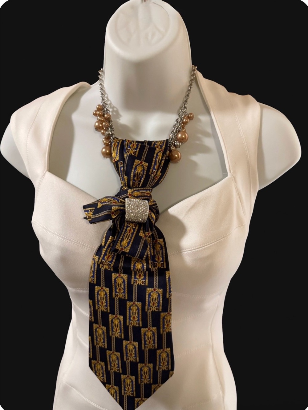 Re-Styled Silk Navy & Gold Statement Necktie Necklace w/Rhinestone & beads, - Picture 2 of 3